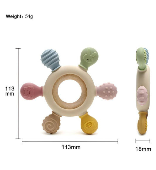 Baby Teether with Wooden Ring & Silicone Teething Toys - 0m+ (Wooden Silicone Teether)