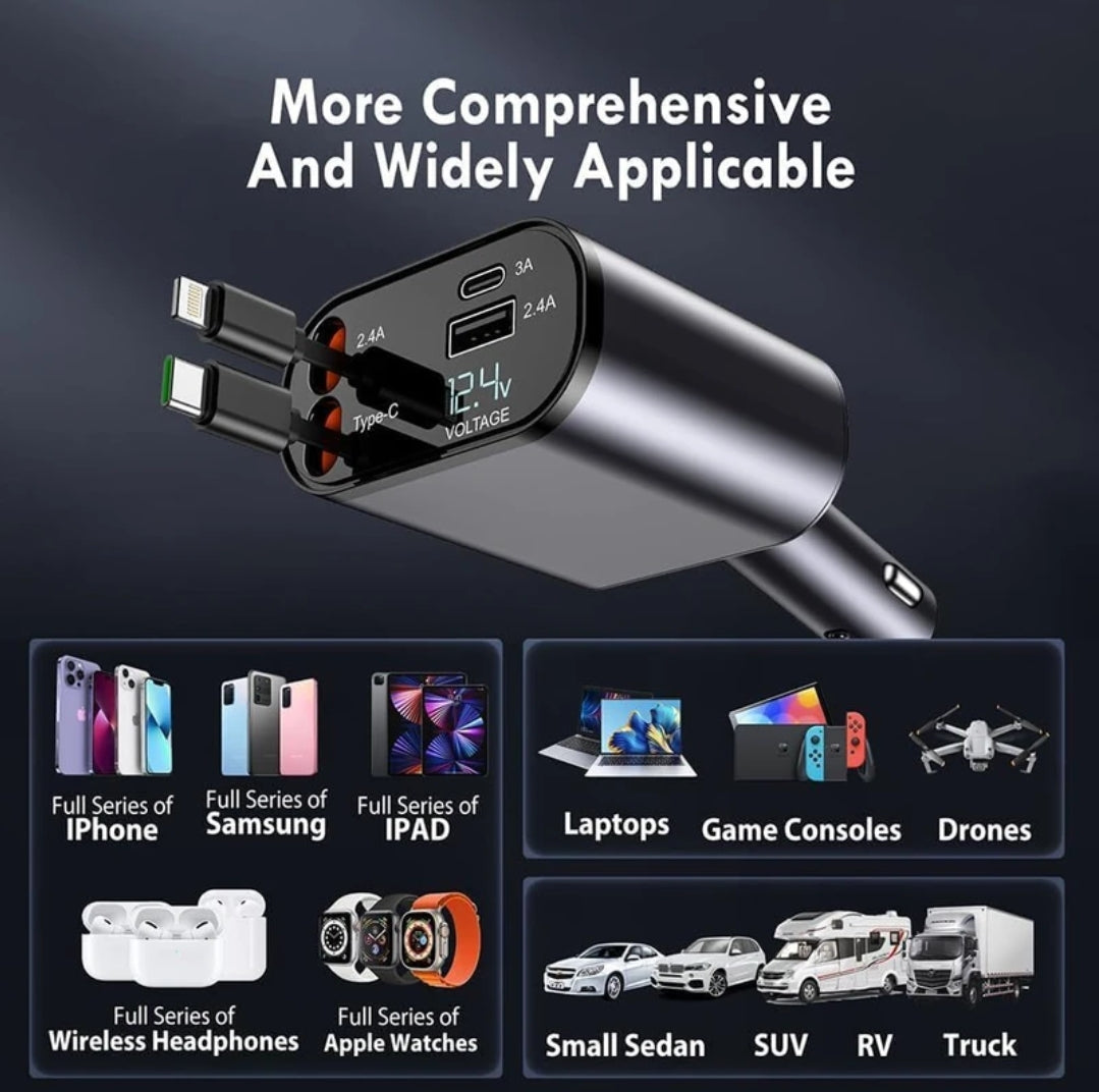 4-in-1 Retractable Car Charger (Black, 120 W)With USB Cable