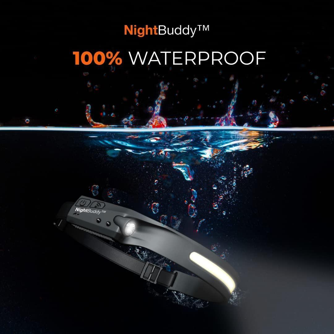 NightBuddy device with water splash graphic and '100% Waterproof' text on a black background