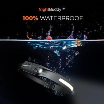 NightBuddy device with water splash graphic and '100% Waterproof' text on a black background