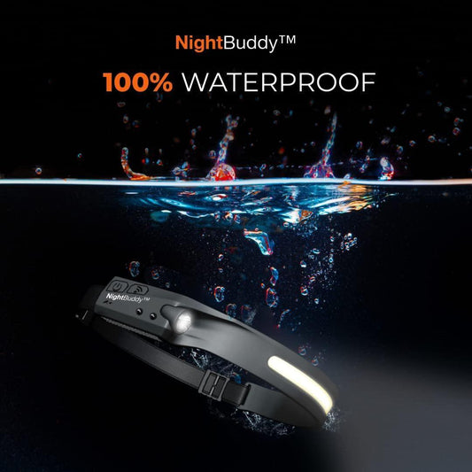 NightBuddy device with water splash graphic and '100% Waterproof' text on a black background