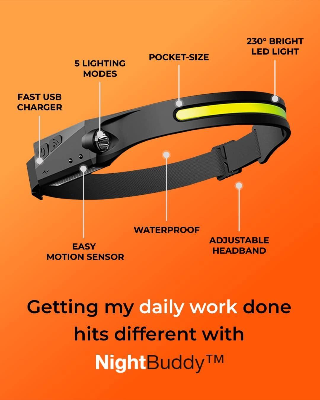 Headlamp with features highlighted on an orange background, featuring the brand 'NightBuddy'.