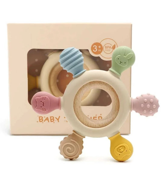 Baby Teether with Wooden Ring & Silicone Teething Toys - 0m+ (Wooden Silicone Teether)