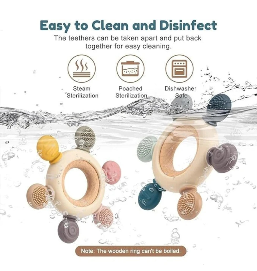 Baby Teether with Wooden Ring & Silicone Teething Toys - 0m+ (Wooden Silicone Teether)