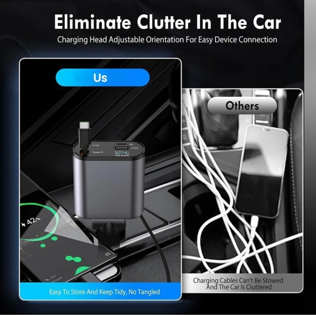 4-in-1 Retractable Car Charger (Black, 120 W)With USB Cable