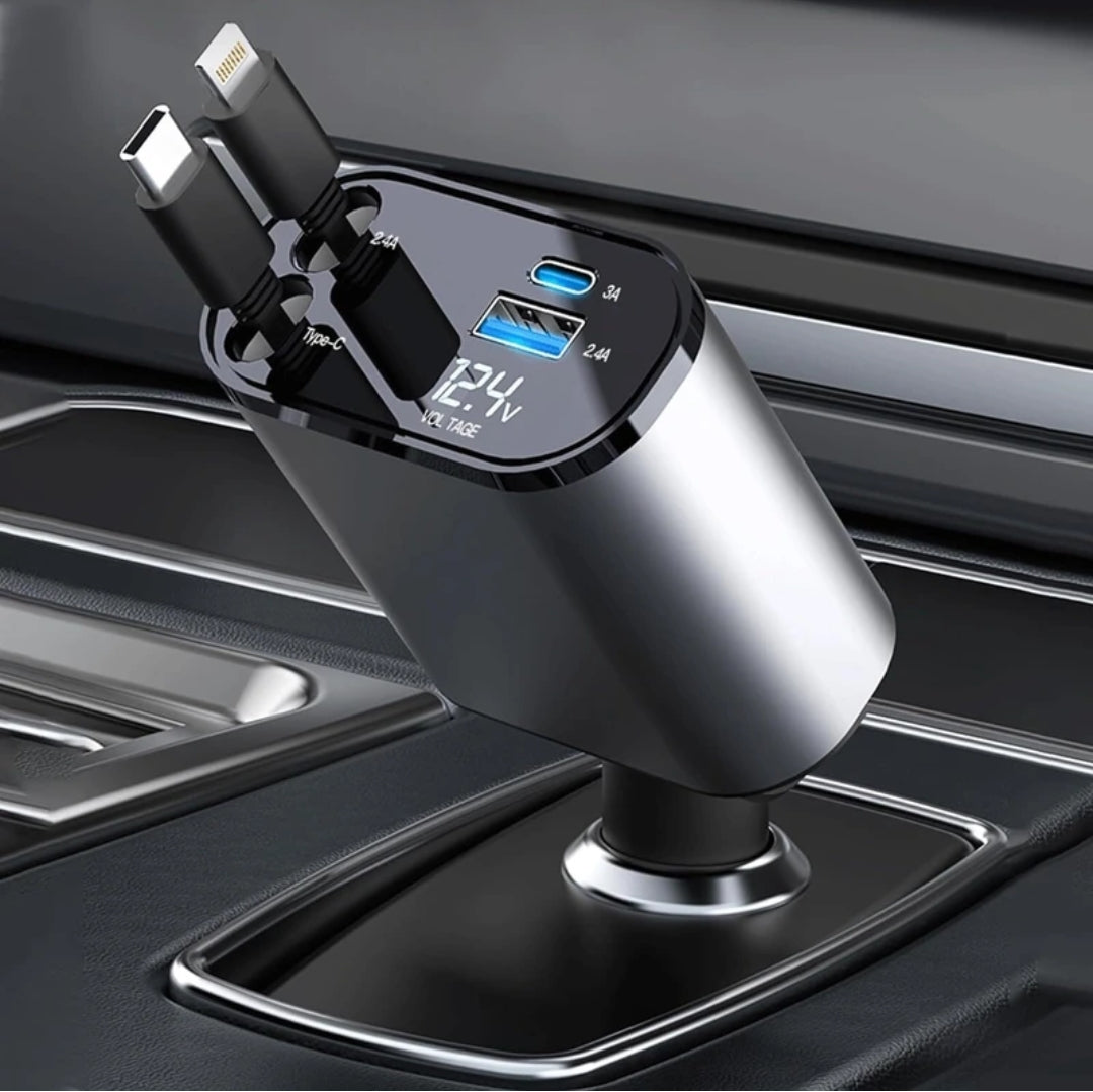 4-in-1 Retractable Car Charger (Black, 120 W)With USB Cable