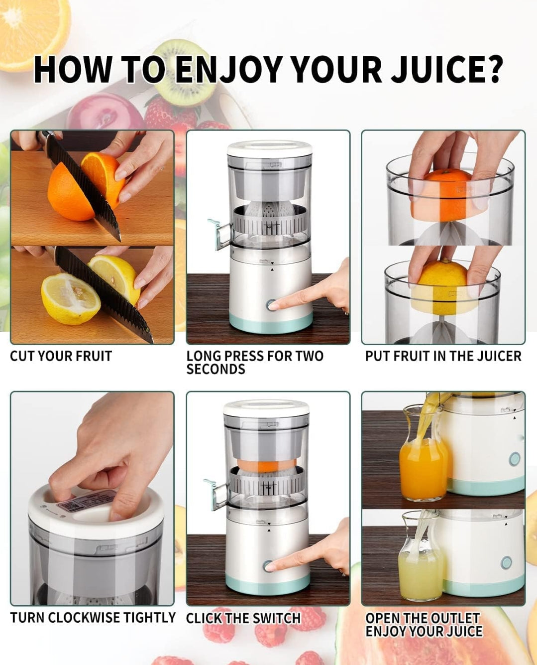 Portable Electric Citrus Juicer USB-C Rechargeable – 80 Times Juicing, Compact 9.2 inch Design