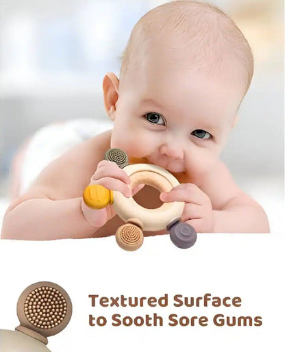 Baby Teether with Wooden Ring & Silicone Teething Toys - 0m+ (Wooden Silicone Teether)