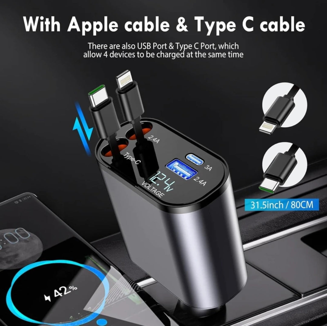 4-in-1 Retractable Car Charger (Black, 120 W)With USB Cable