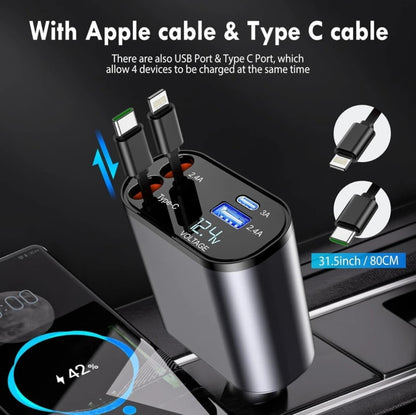 4-in-1 Retractable Car Charger (Black, 120 W)With USB Cable