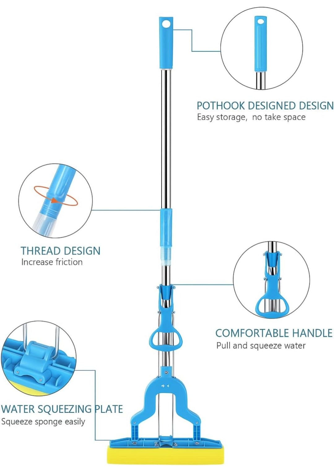 HomePro Flex Mop | Pull-Lift Squeeze System | Expandable Steel Rod | Super Absorbent Sponge Head | Multi-Surface Cleaner