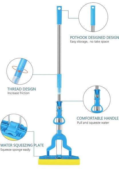 HomePro Flex Mop | Pull-Lift Squeeze System | Expandable Steel Rod | Super Absorbent Sponge Head | Multi-Surface Cleaner