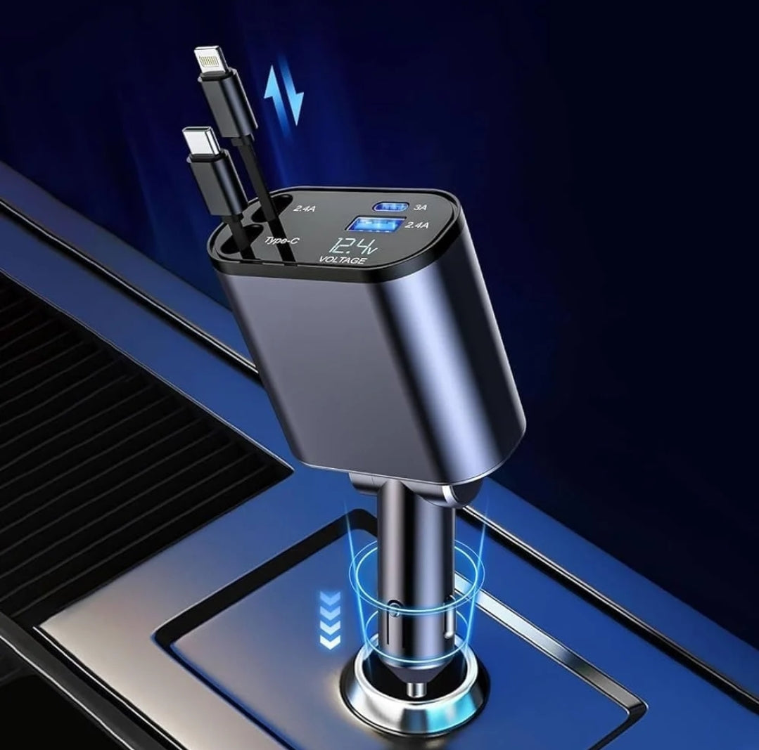 4-in-1 Retractable Car Charger (Black, 120 W)With USB Cable