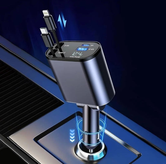 4-in-1 Retractable Car Charger (Black, 120 W)With USB Cable
